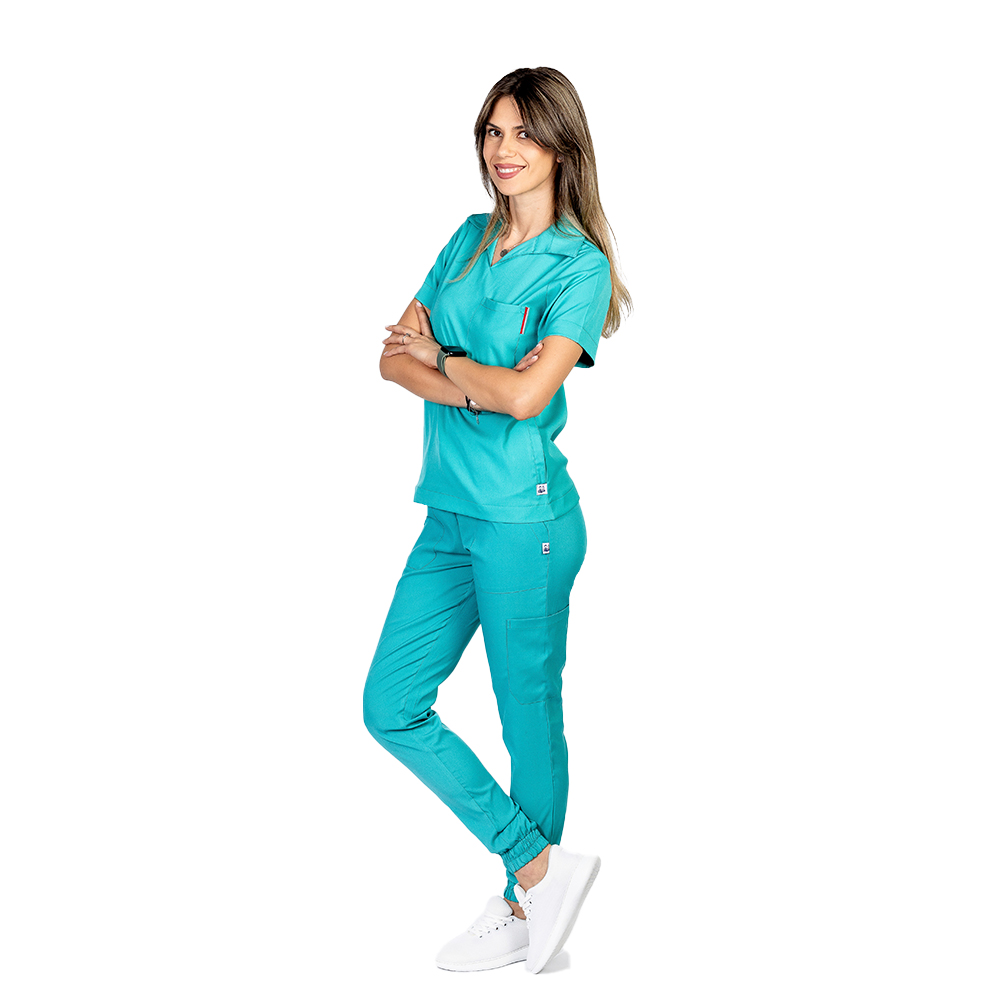 Costum medical stretch polo verde turcoaz, cu bluza in V si pantaloni tip jogger, cu snur si elastic 6